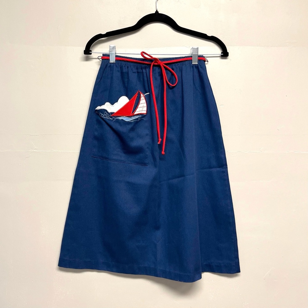 Vintage Nautical Blue Skirt with Red Accents